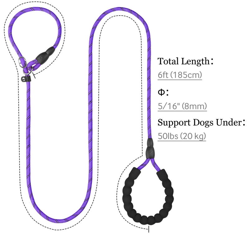 TagME Slip Leads for Dogs, 6 FT Heavy Duty Slip Leash with Padded Handle, Strong Rope No Pull Pet Training Leash for Small Dogs,Purple - Image 2